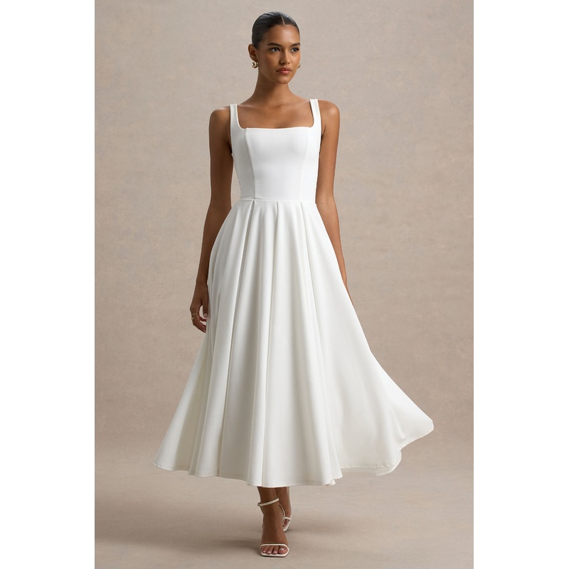 Parina | White Strappy Volume-Hem Midi Dress