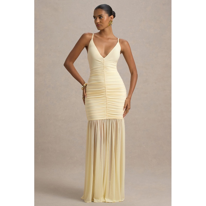 Pasqualina | Pale Lemon Ruched Plunge-Neck Maxi Dress