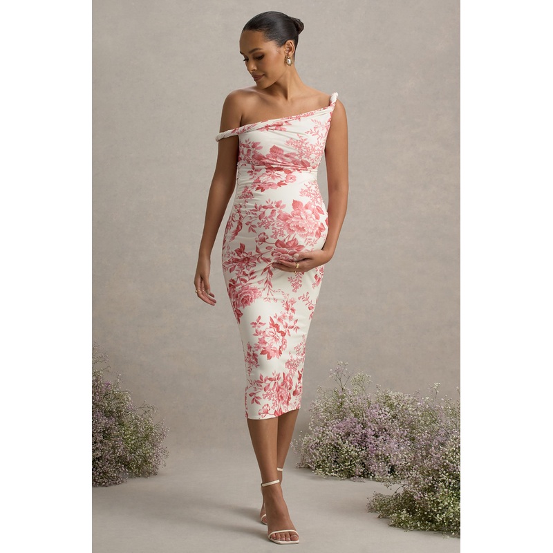 Salome | Pink Floral Print Twisted Asymmetric Maternity Midi Dress
