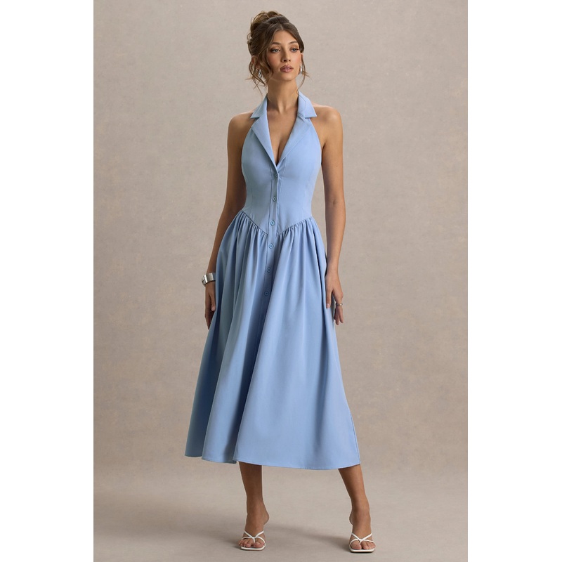 Samsara | Light Blue Plunge-Neck Collared Midi Dress