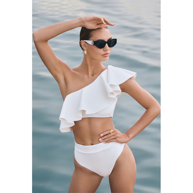 Skiathos | White One-Shoulder Ruffled Bikini Top