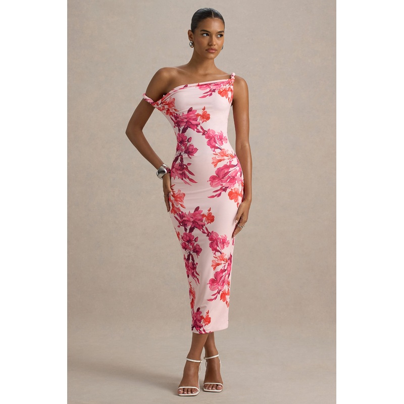 Tatian | Pink and Orange Floral Print Twisted Asymmetric Midi Dress