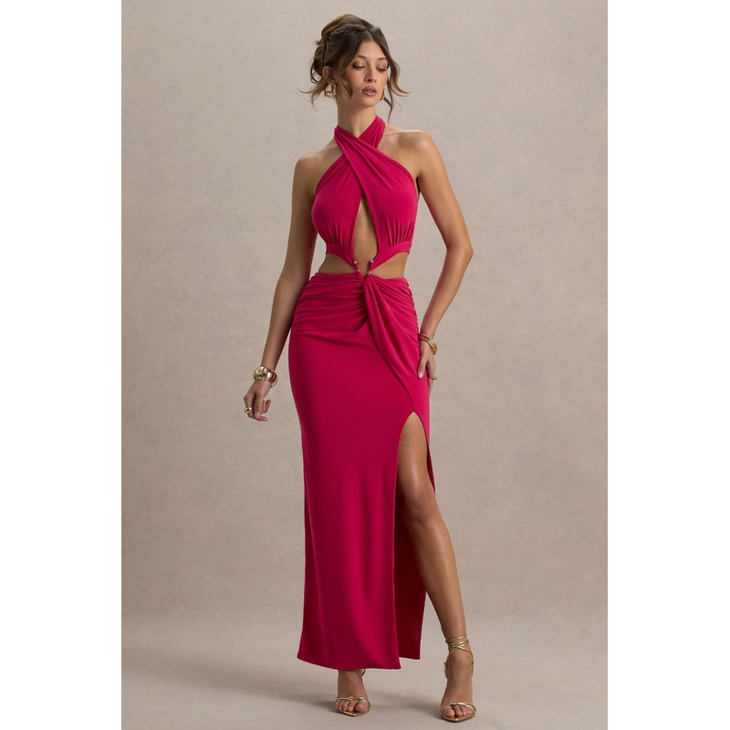Aura | Hot Pink Halter-Neck Cut-Out Split Maxi Dress