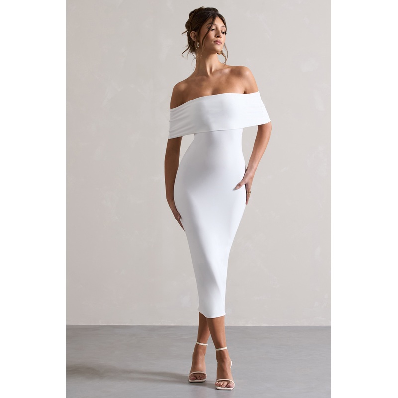 Averie | White Bodycon Bardot Midi Dress