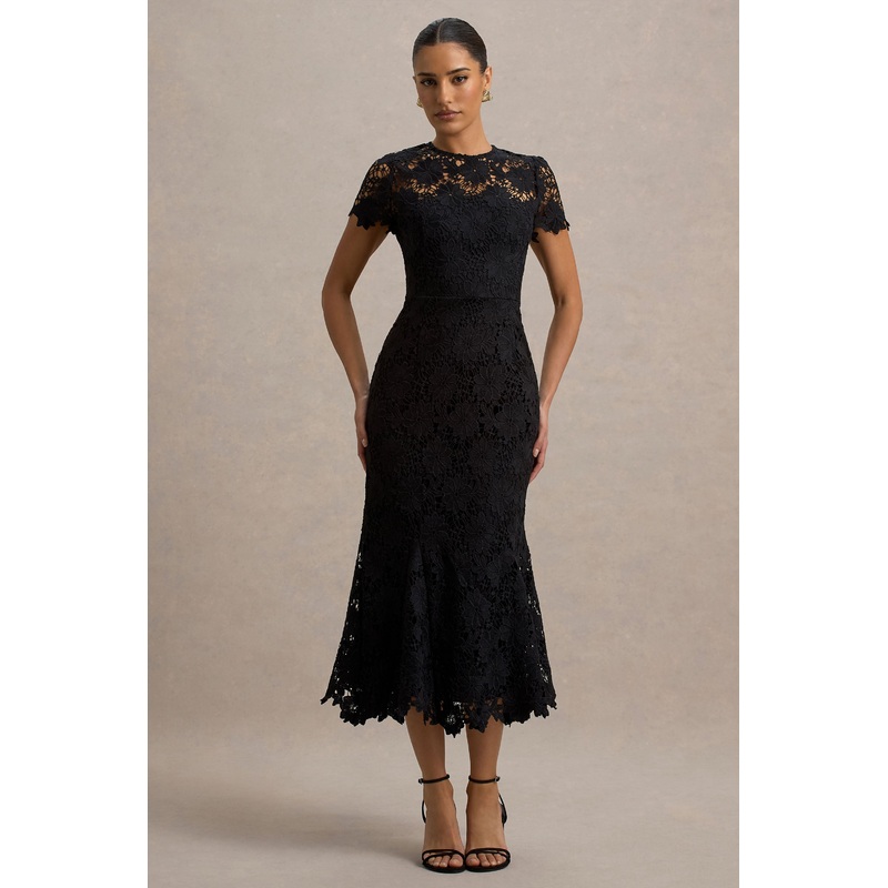 Clarissa | Black Lace Short-Sleeve Pleated Midi Dress