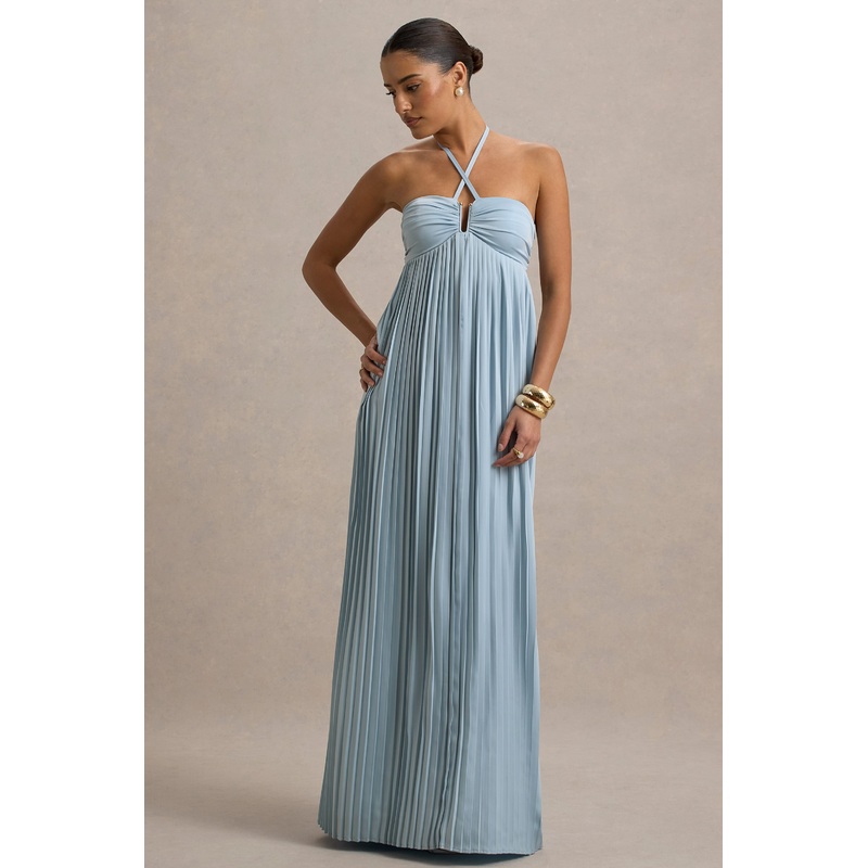 Elayne | Powder Blue Halter-Neck Maxi Dress With Cut-Out Detail