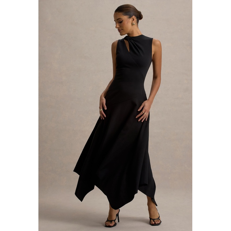 Francesca | Black Knotted Midi Dress With Handkerchief Hem