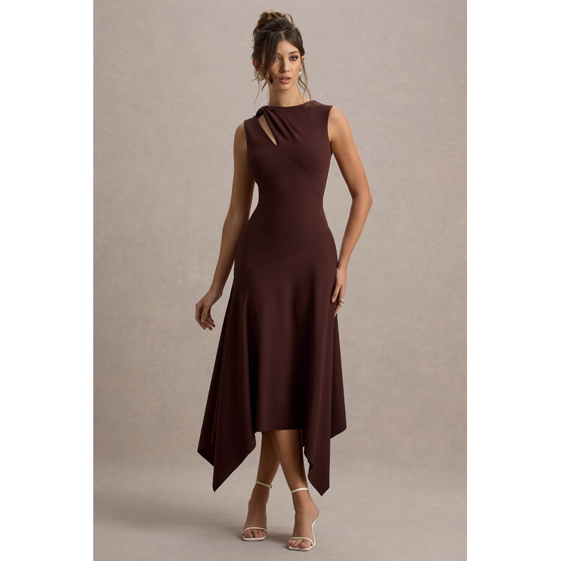 Francesca | Brown Knotted Midi Dress With Handkerchief Hem