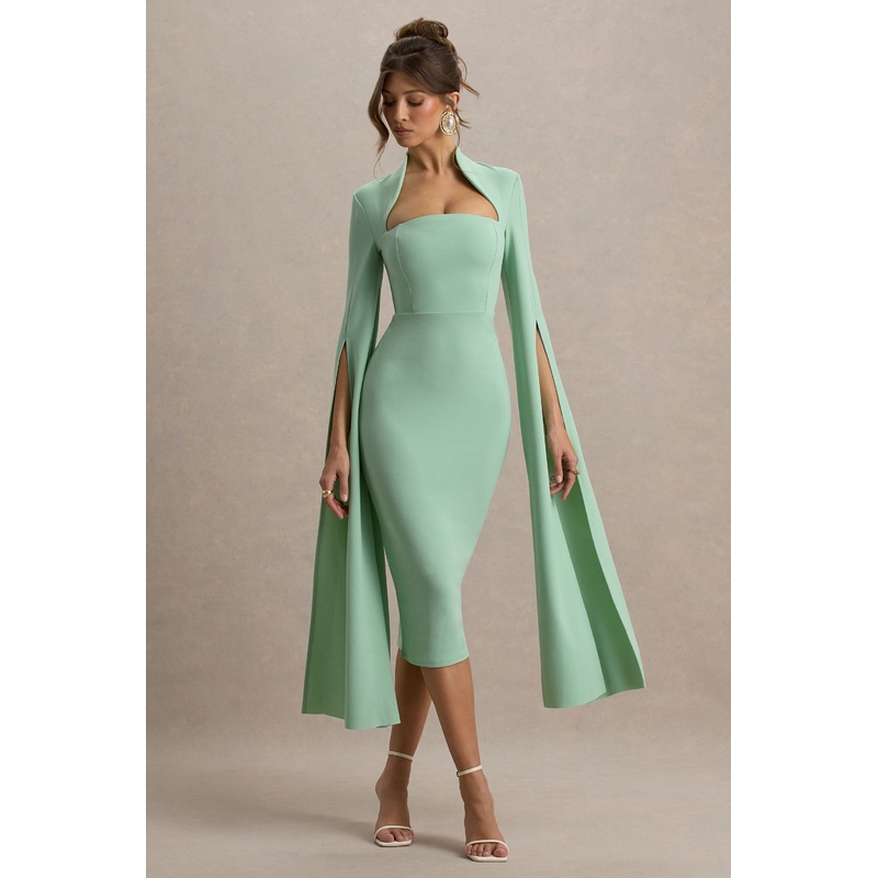 Linden | Light Green Bodycon Cape-Sleeve Midi Dress