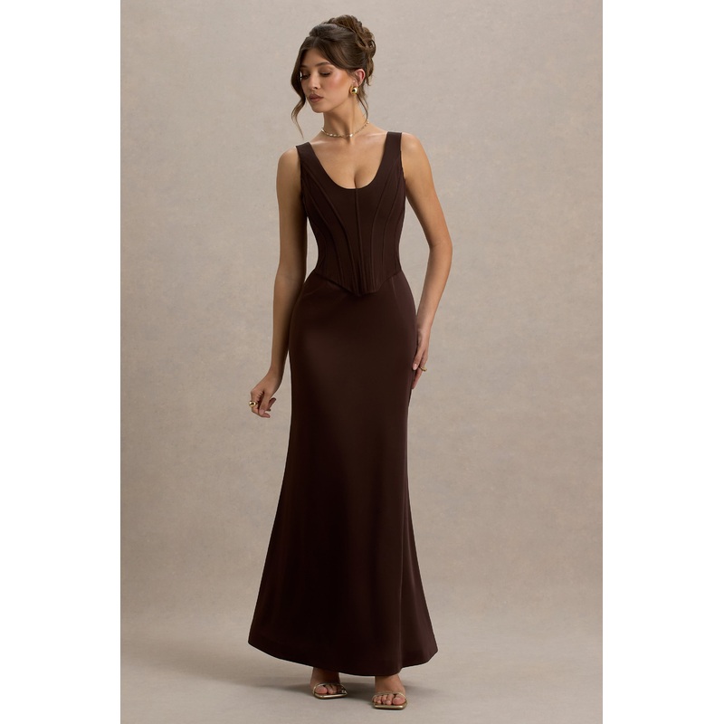 Morgan | Brown Satin Corset Maxi Dress