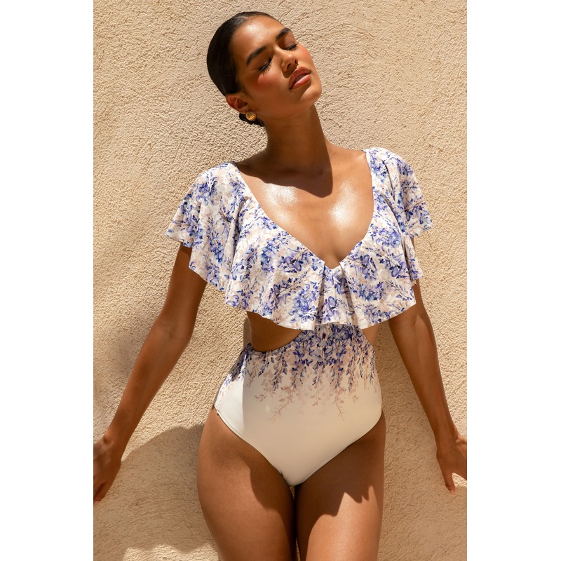 Paros | Wisteria Print Plunge-Neck Ruffled Swimsuit