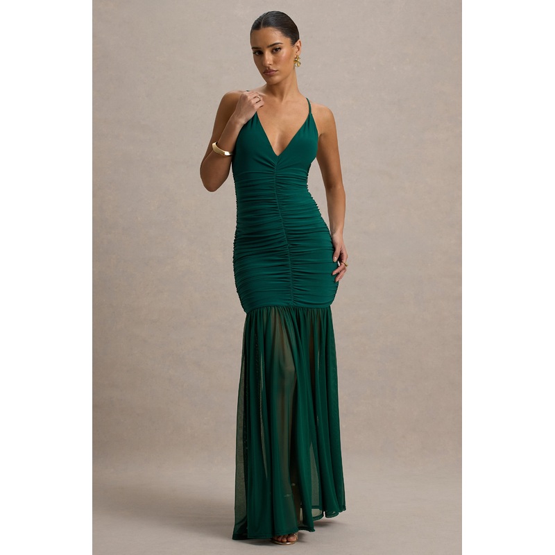 Pasqualina | Bottle Green Ruched Plunge-Neck Maxi Dress