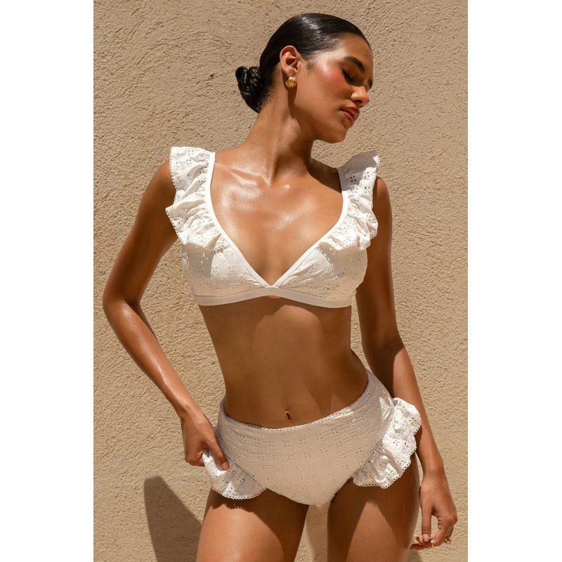 Seashells | White Broderie High-Waist Ruffle-Trim Bikini Bottoms