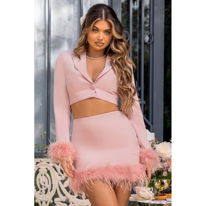 Tempting | Pink Cropped Blazer With Feather Trim On Sleeve Cuff