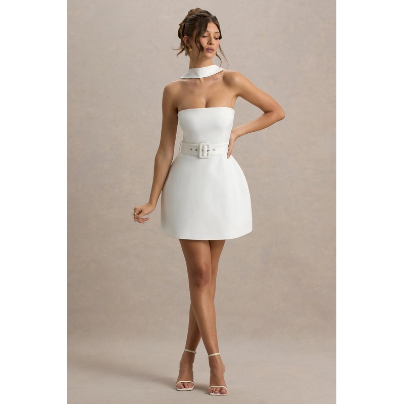 Timberly | White High-Neck Tailored Micro-Mini Dress