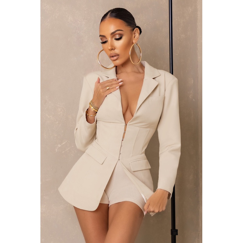 Unbeaten | Cream Plunge Corset Waist Blazer