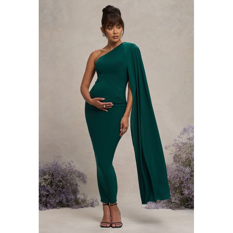 Amaryllis | Bottle Green Maternity One Shoulder Maxi Dress with Cape Sleeve