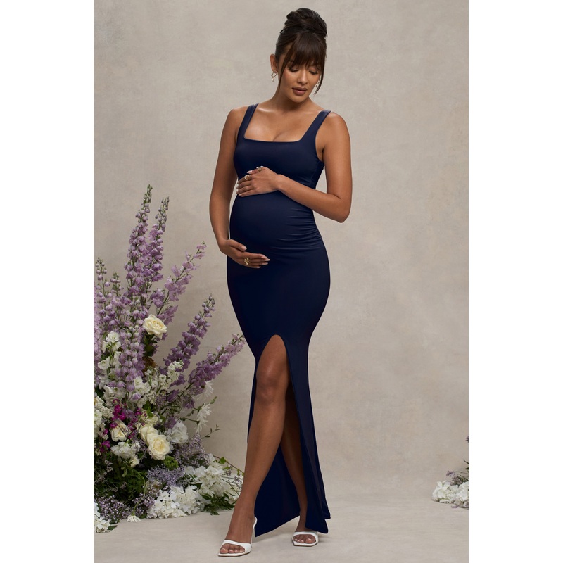 Avril | Navy Square Neck Maternity Maxi Dress with Split