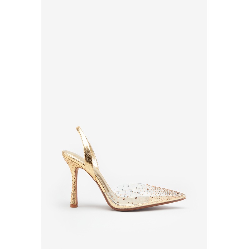 Covergirl | Gold Diamante Sling Back Pointed Heels
