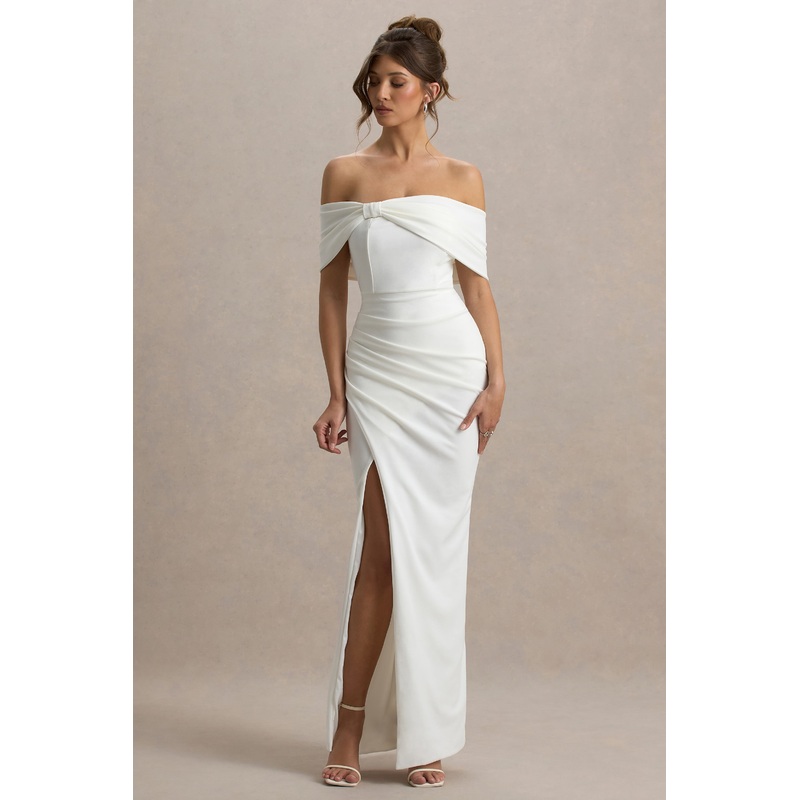 Eva | White Bardot Bow Detail Maxi Dress With Thigh Split