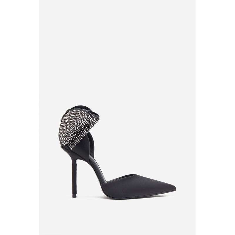 Flashing Lights | Black Satin Pointed Court Heels With Diamante Bows
