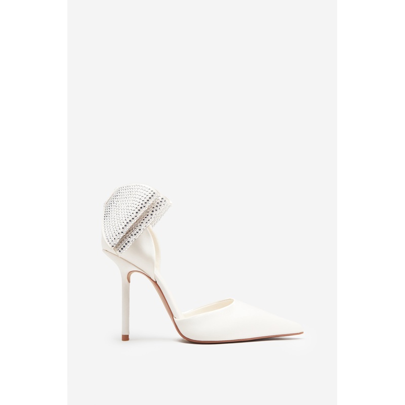 Flashing Lights | Ivory Satin Pointed Court Heels With Diamante Bows