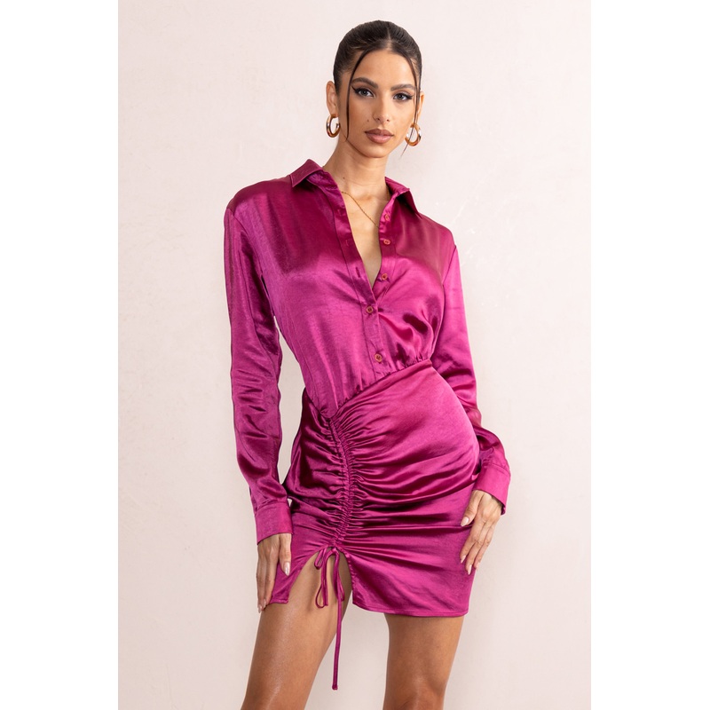 Francine | Orchid Satin Ruched Long Sleeve Shirt Mini Dress
