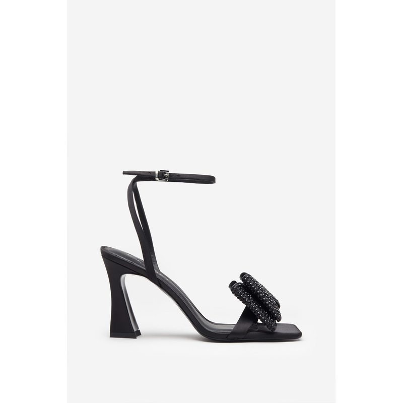 Headlines | Black Ankle Strap Heeled Sandals With Diamante Bows