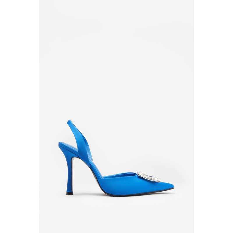Just A Fling | Blue Satin Sling Back Heels With Diamante Brooches