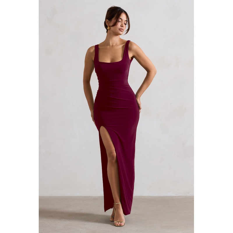Kate | Berry Square Neck Maxi Dress with Plunge Back and Side Thigh Split