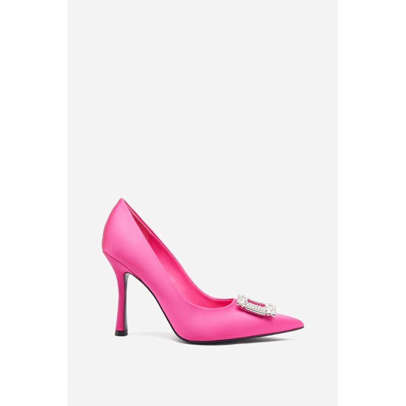 Lawless | Hot Pink Satin Pointed Court Heels With Diamante Brooches