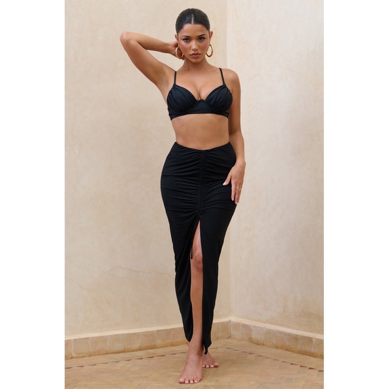 Longing | Black Ruched Chiffon Split Maxi Skirt With Drawstrings