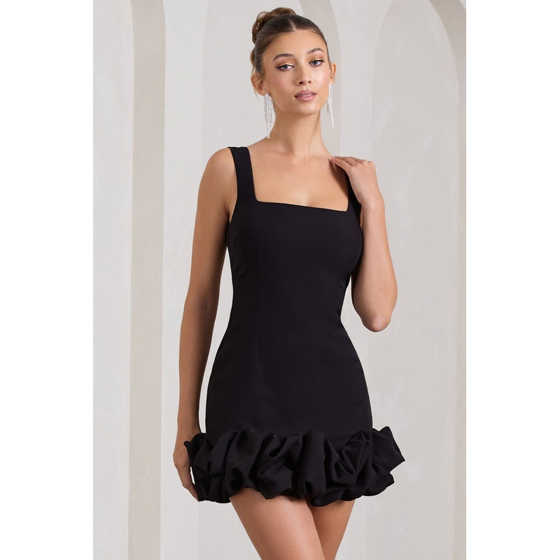 Lucy | Black Strappy Mini Dress With Ruffle Trim