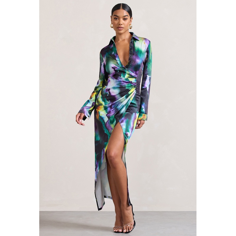 Oasis | Watercolour Print Satin Long-Sleeved Maxi Shirt Dress