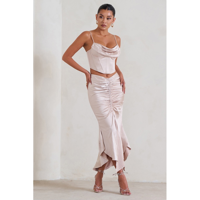 Per Favore | Champagne Satin Ruched Split Maxi Skirt