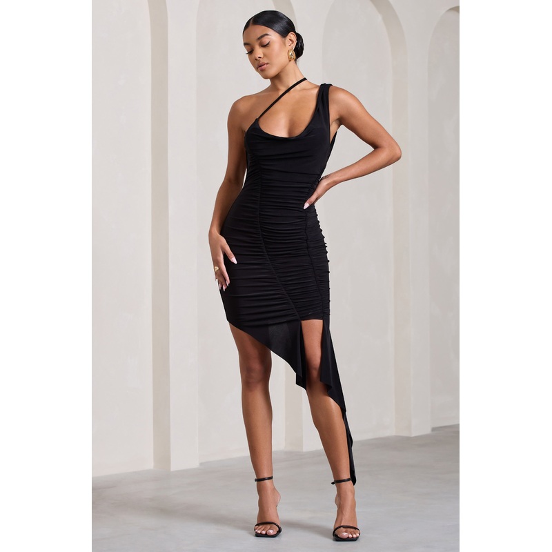Radiate | Black Asymmetric Ruched Ruffled Mini Dress
