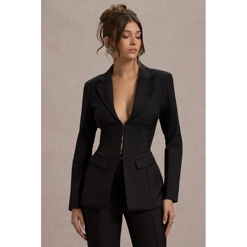 Unbeaten | Black Plunge Corset Waist Blazer
