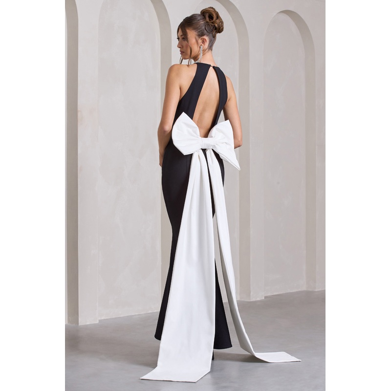 Bestow | Black Open-Back Maxi Dress With Oversized White Bow
