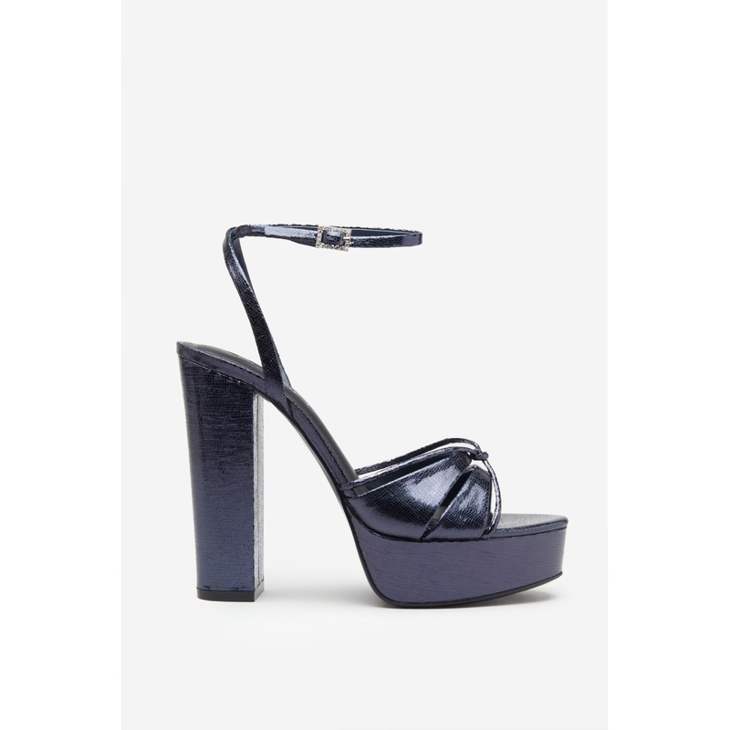 Bold Soul | Navy Strappy Heeled Platform Sandals With Diamante Buckles