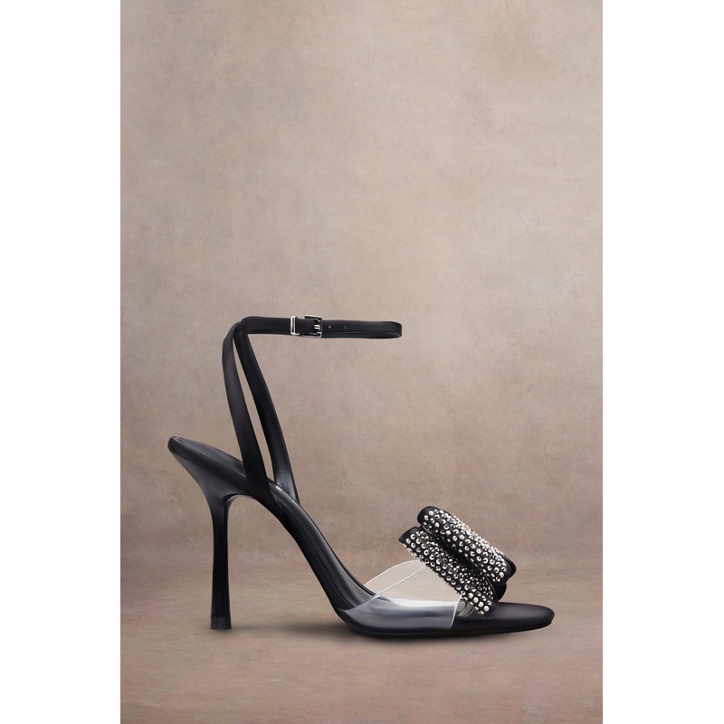 Bowing | Black Satin Heeled Sandals With Diamante Bows