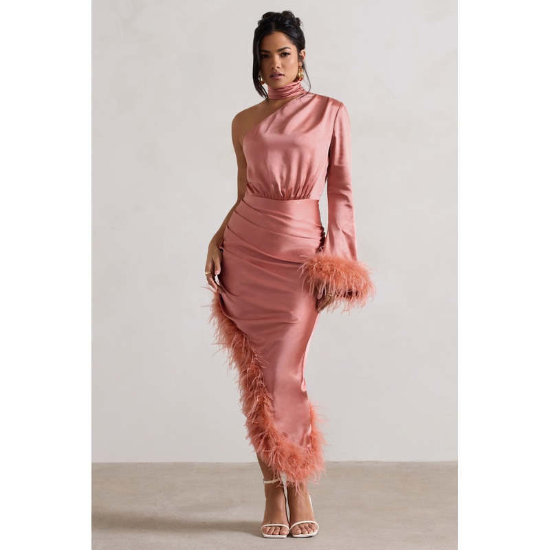 Dolce | Coral Satin Asymmetric One Sleeve Maxi Dress With Feather Trims