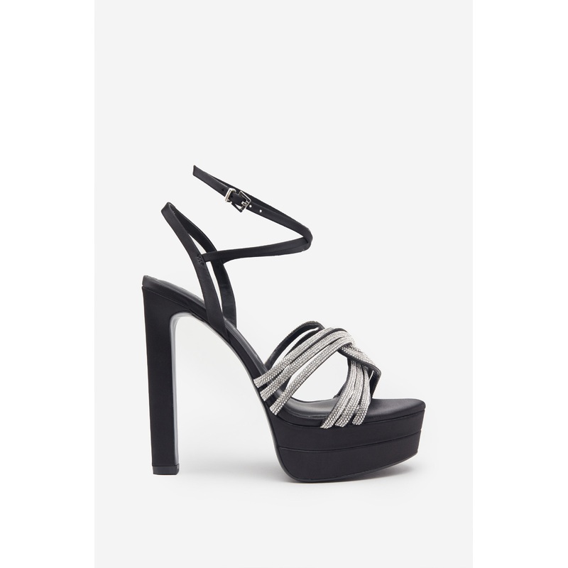 Doll Drama | Black Satin Diamante Strappy Platform Heels