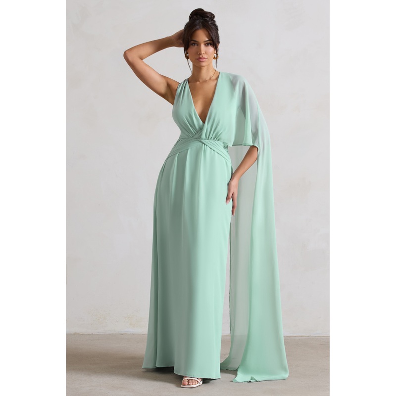 Fairytale | Sage Plunge-Neck Chiffon Maxi Dress With Cape Sleeve