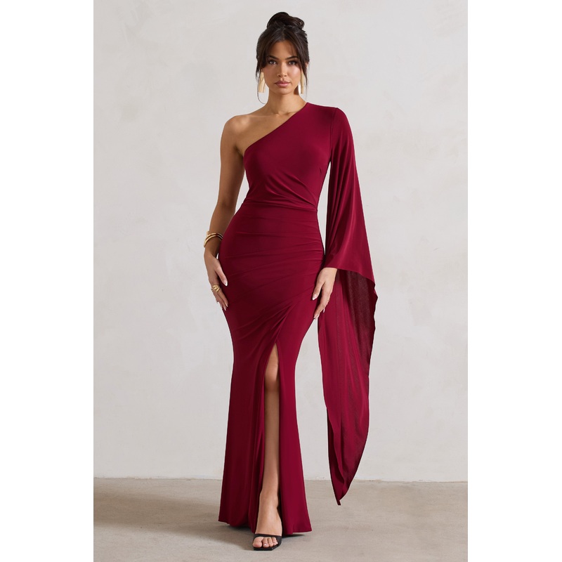 Giada | Berry Ruched One Shoulder Cape Sleeve Maxi Dress