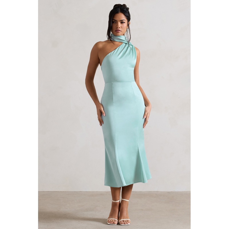 Golden Girl | Mint Satin One Shoulder High-Neck Flared Midi Dress