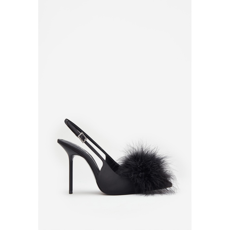 High Pitched | Black Satin Sling Back Heels With Pom Poms