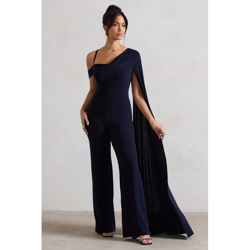 Jelena | Navy Asymmetric Draped Straight-Leg Jumpsuit With Cape Sleeve