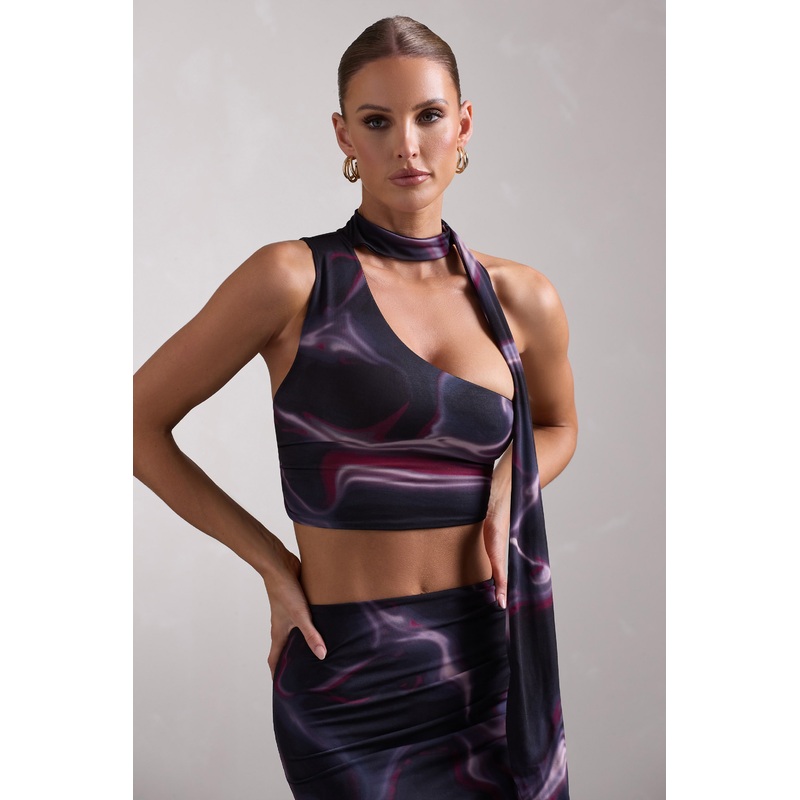 North Wind | Black Printed One-Shoulder Crop Top With Scarf