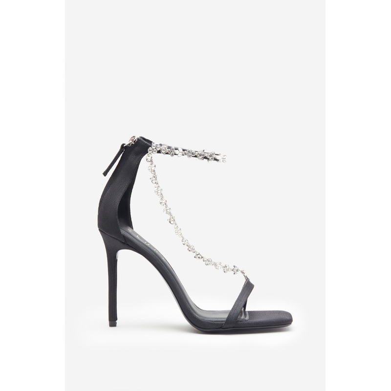 Oh Please | Black Strappy Heeled Sandals With Diamante Chains