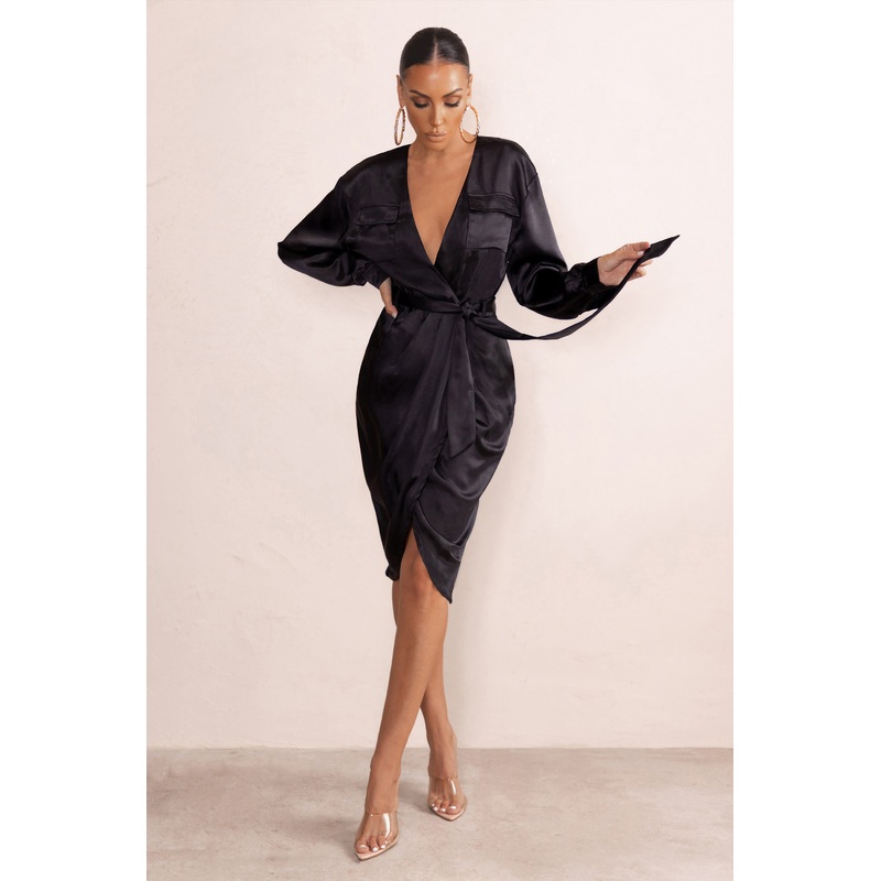 True Romance | Black Satin Plunge Neck Midi Dress With Belt Detail